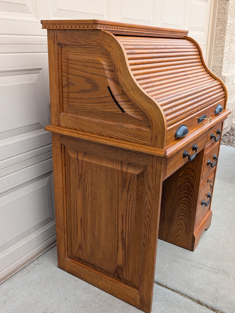Solid Oak Roll-Top Desk by Winners Only Inc. – Locking Secretary Desk