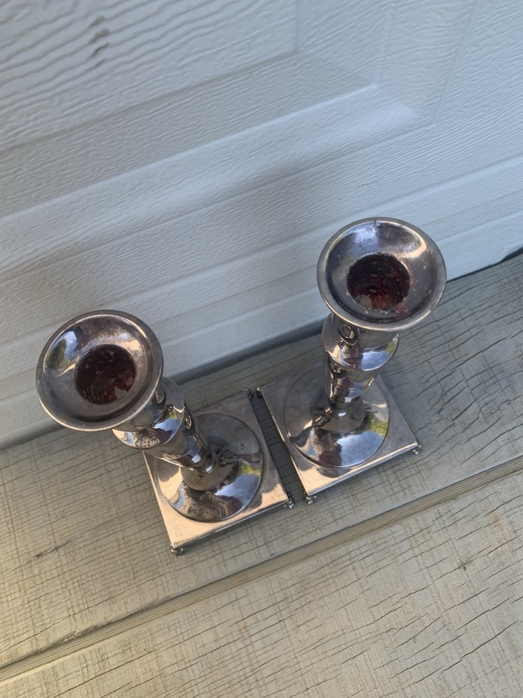Crescent Silver Plated Candlesticks Pair 10.5”Art Deco Pew Footed Square Base