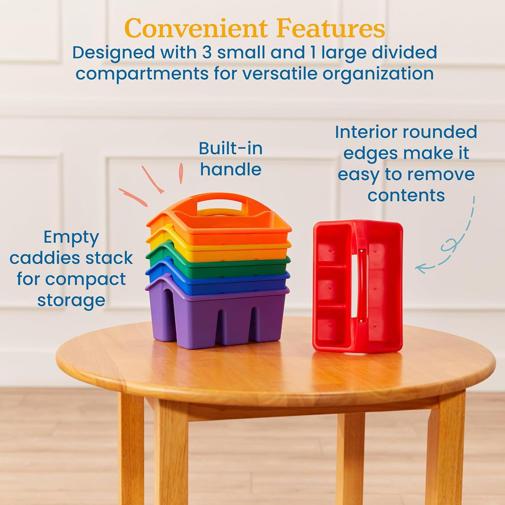 4-Compartment Small Plastic Caddy, Multipurpose Organization, Primary, 6-Pack