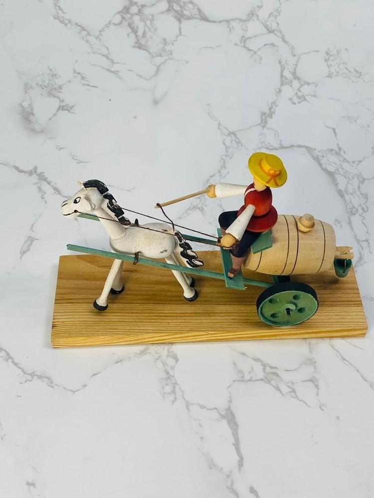 Vintage Handmade Horse Pulling a driver and Whiskey Barrel