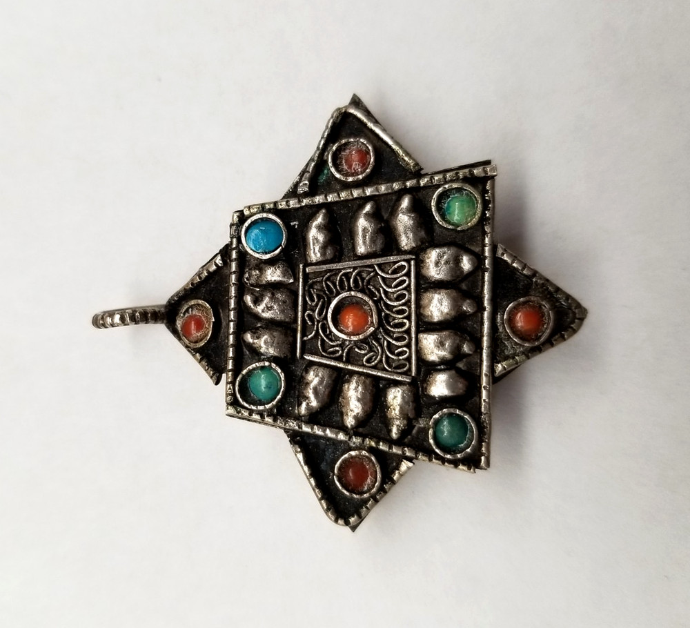 Vtg Middle Eastern Silver Locket Pendant Handcrafted Box Locket Multi Gemston