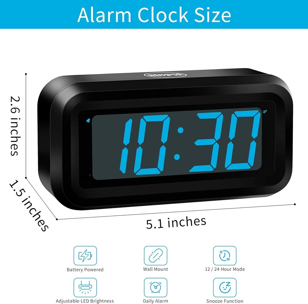 Alarm Clock, Digital Clock, Constantly 1.2'' LED Blue Digits Display, Battery Po