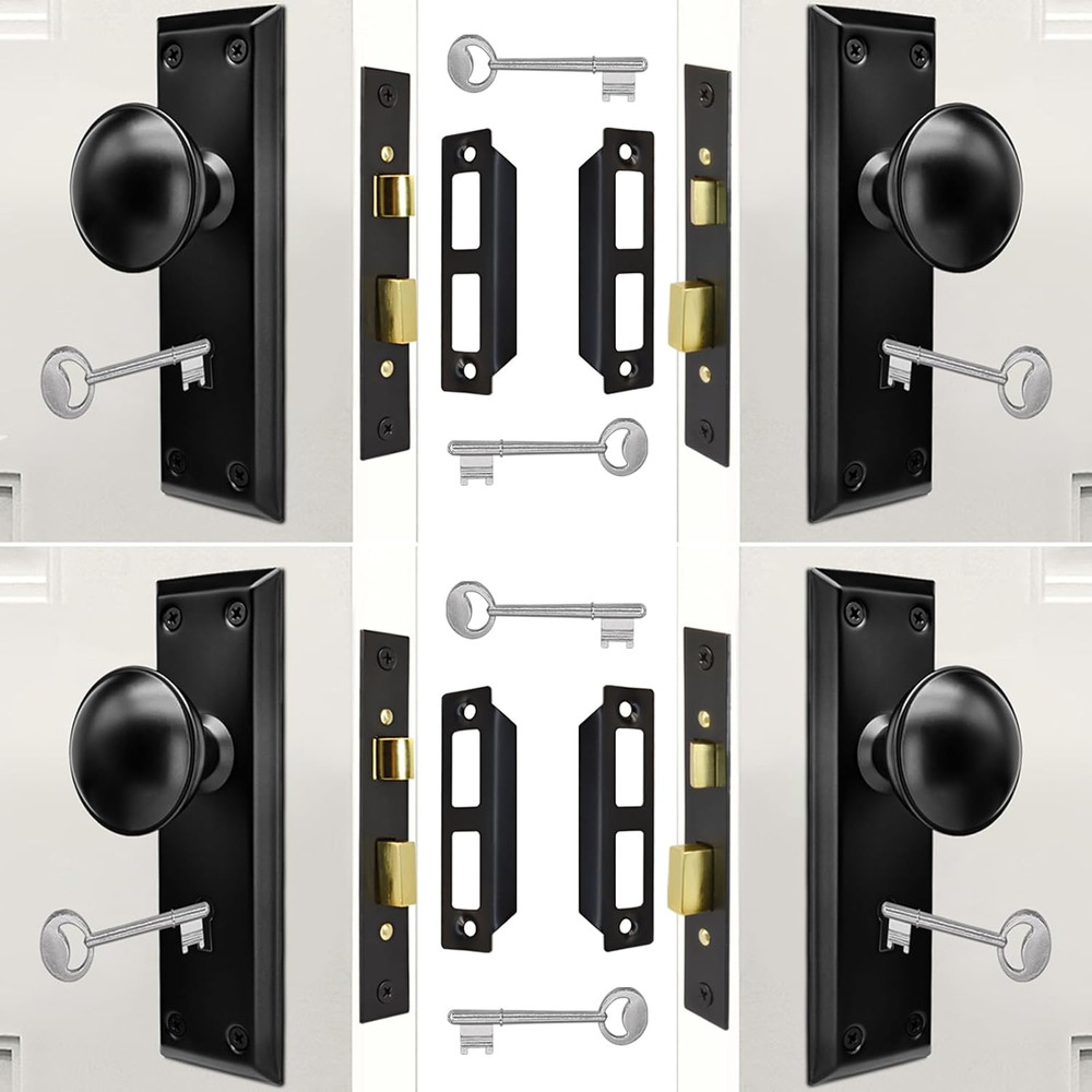 Vintage Mortise Lock Set with Skeleton Key - Black Knobs, 4 Pack