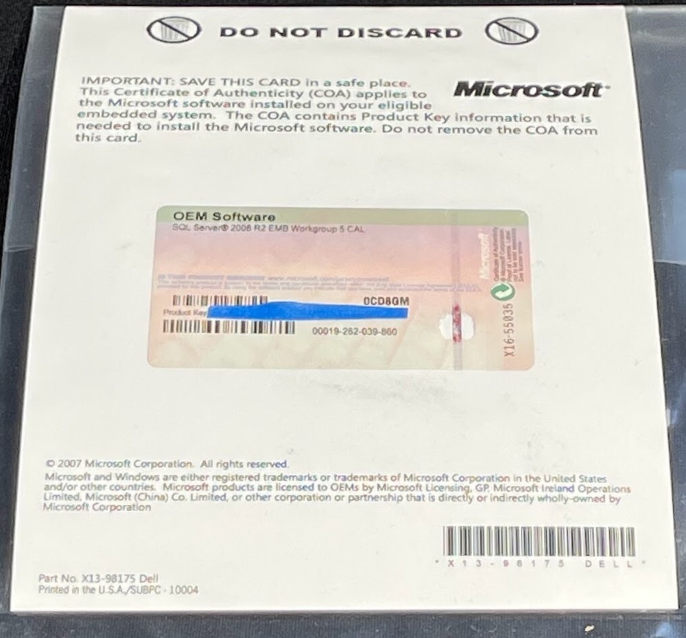 Microsoft SQL Server 2008 R2 Workgroup Software 5 Client Access License / CD8GM