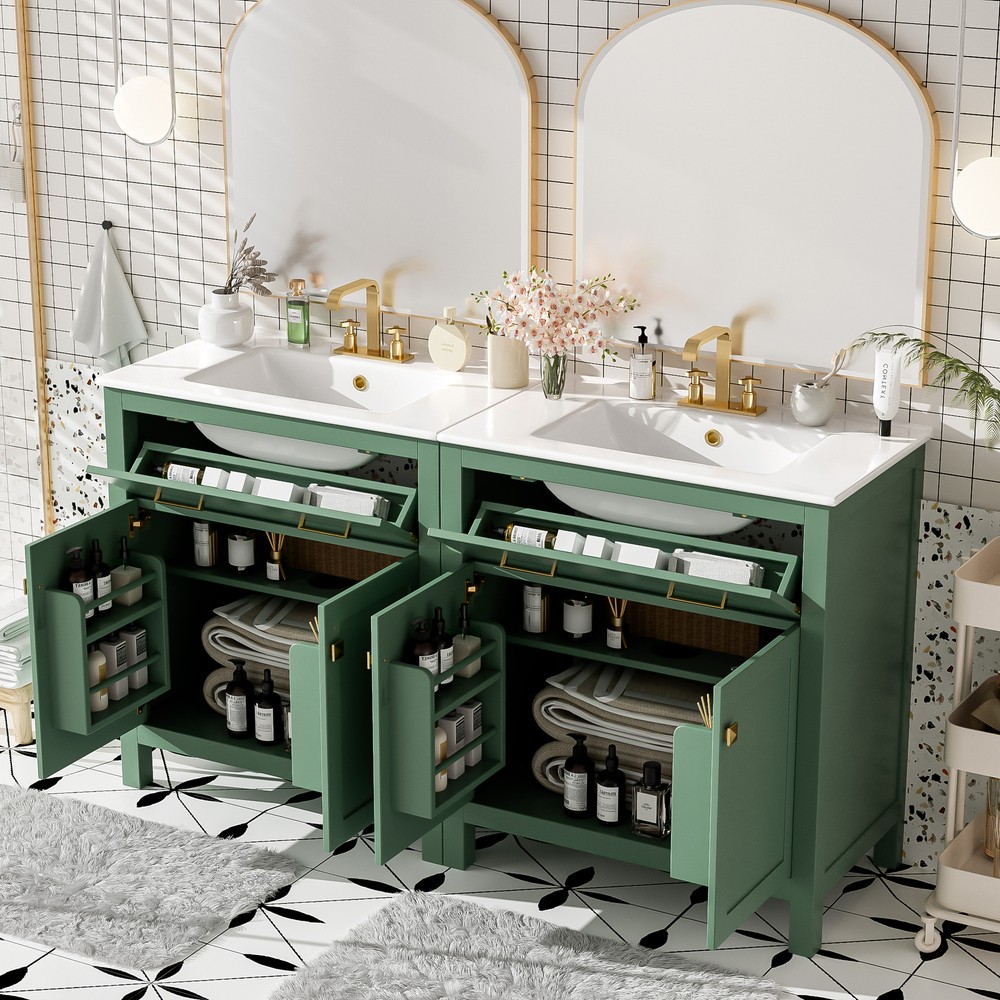 60" Modern Green Bathroom Vanity Set with Double Vanities，Double Ceramic Sinks