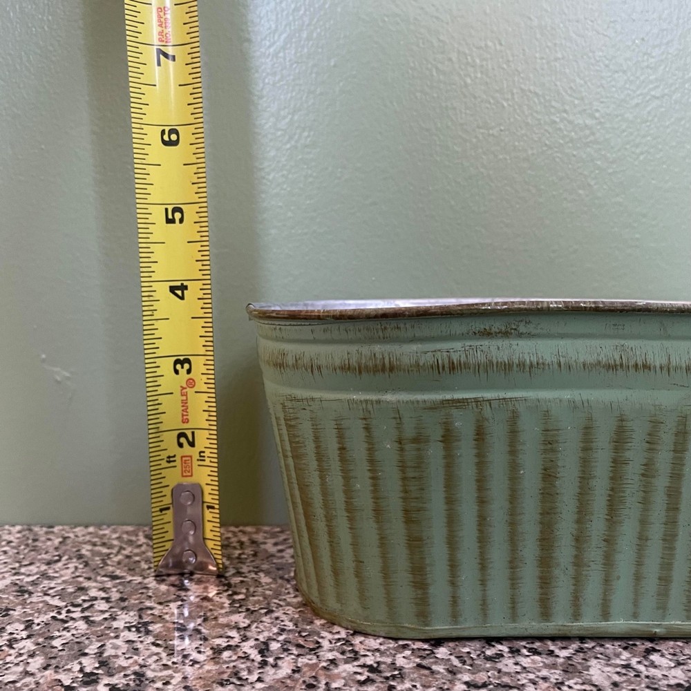 Galvanized Metal Green Oval Planter Or Storage Tin