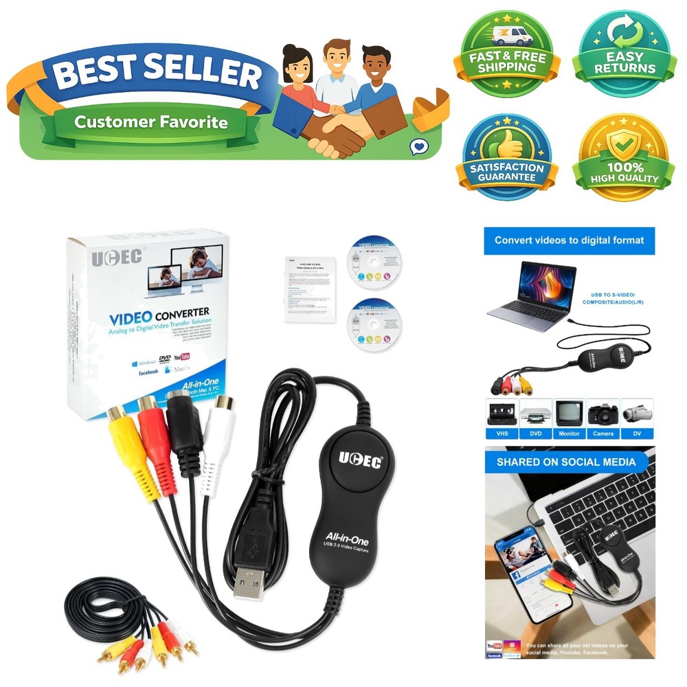 30fps VHS to Digital Conversion Kit with RCA Cable & User Guide for PC/Mac