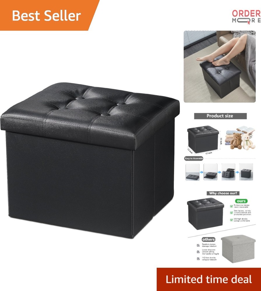 Leather Storage Ottoman Footstool Bench 17x13x13 Foldable Footrest