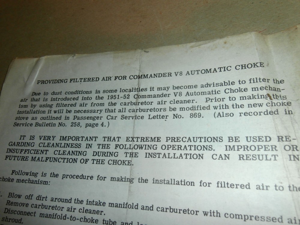 1951 1952 Studebaker Commander V8 Automatic Choke Filtered Air Instructions