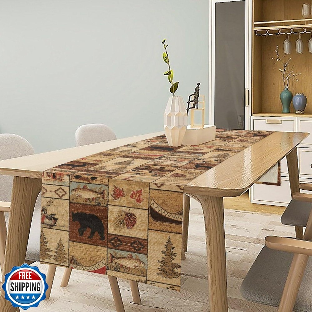 Retro Rustic Table Runner, Bear Deer Elk Cabins Tribal Geometric Pattern Coun
