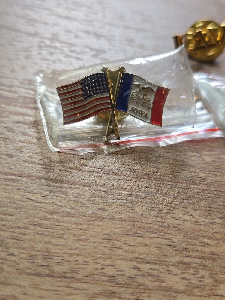 3 Iowa Pins USA & State Flags & Script
