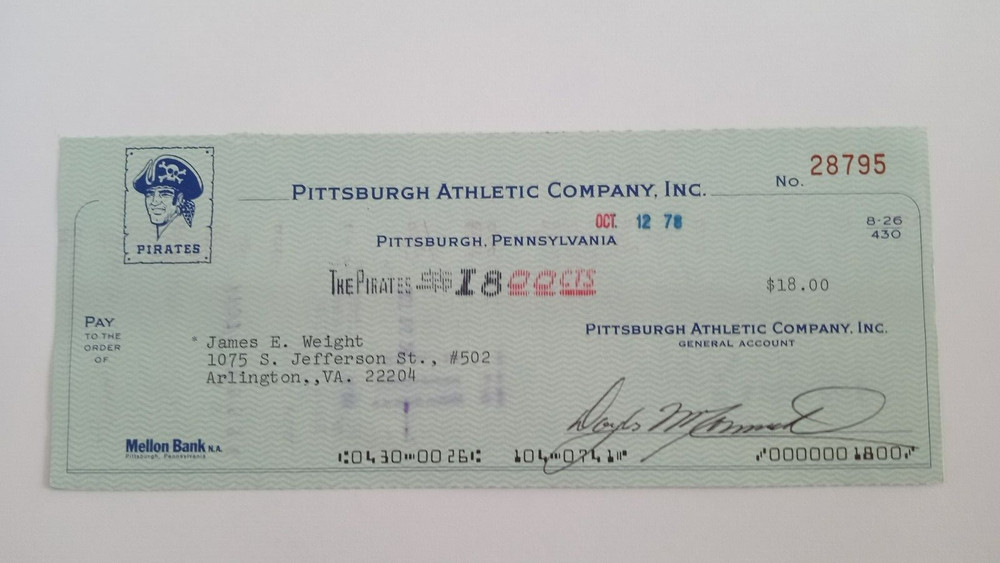 James E. Weight: 1978 Pittsburgh Pirates Expense Check