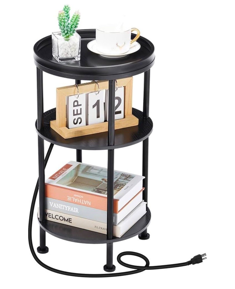 Round Side Table with USB Charging – Black – Open Box