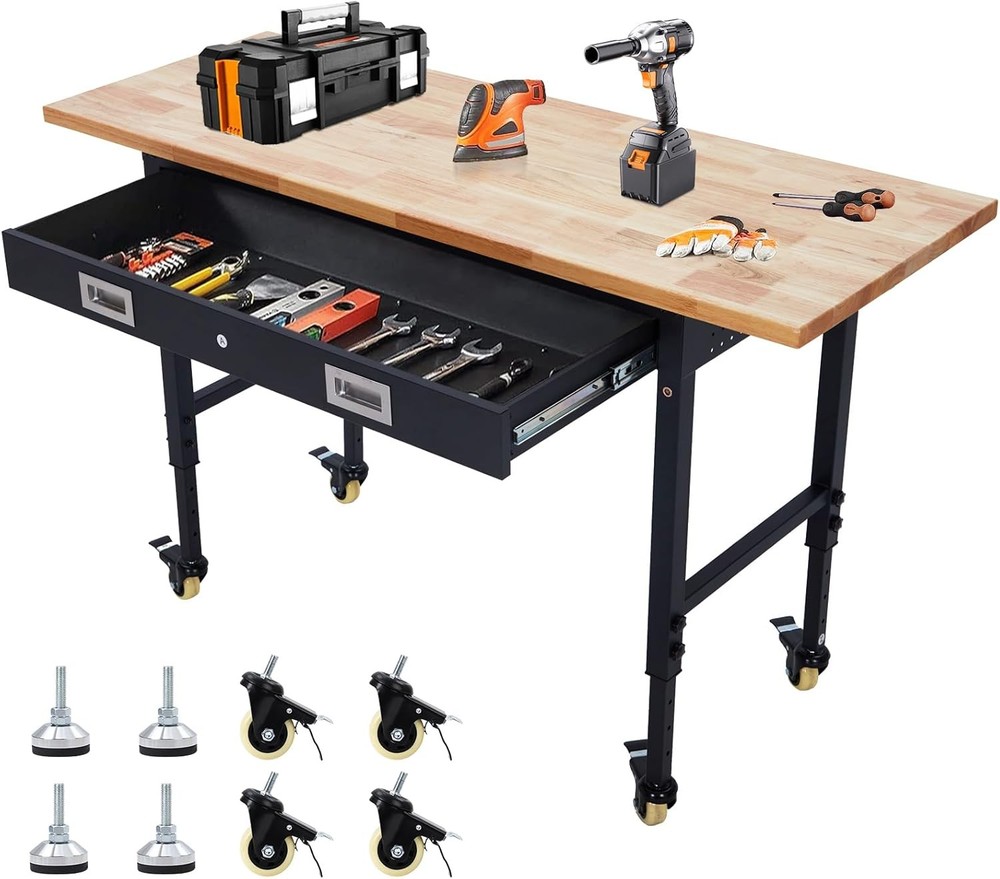 60"x 22" Workbench Adjustable Height Worktable 2000 lbs w/ Power Outlet & Drawer