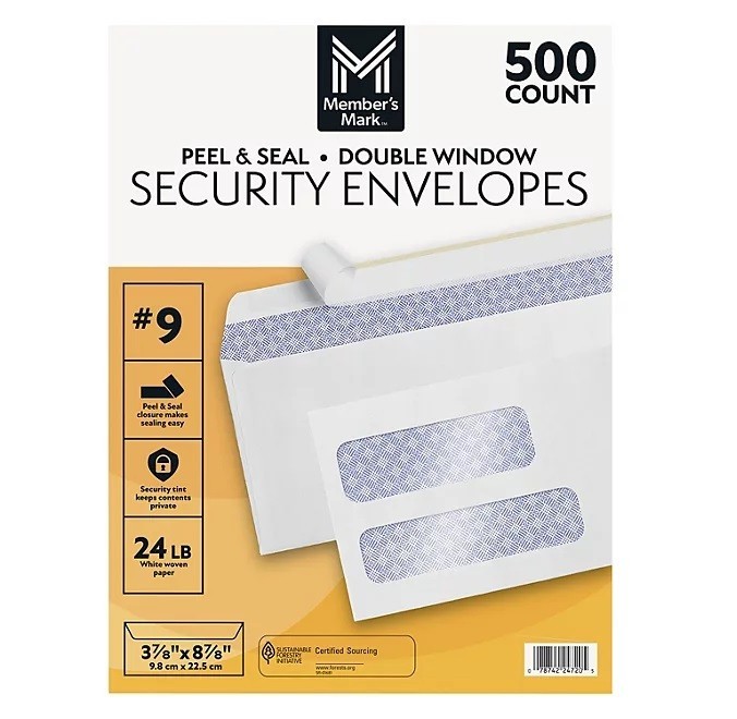 Member's Mark Security Envelope, Peel & Seal Double Window (Size #9) - Choose Ct