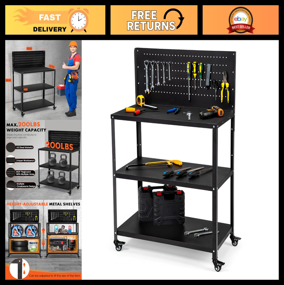 Heavy Duty 200LBS Workbench with Pegboard & Lockable Wheels, Rolling Tool Storag