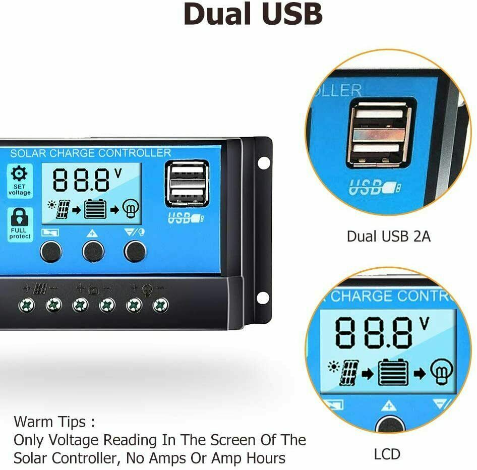 Solar Panel Battery Charge 30A 20A 10A Controller 12V/24V LCD Regulator Dual USB