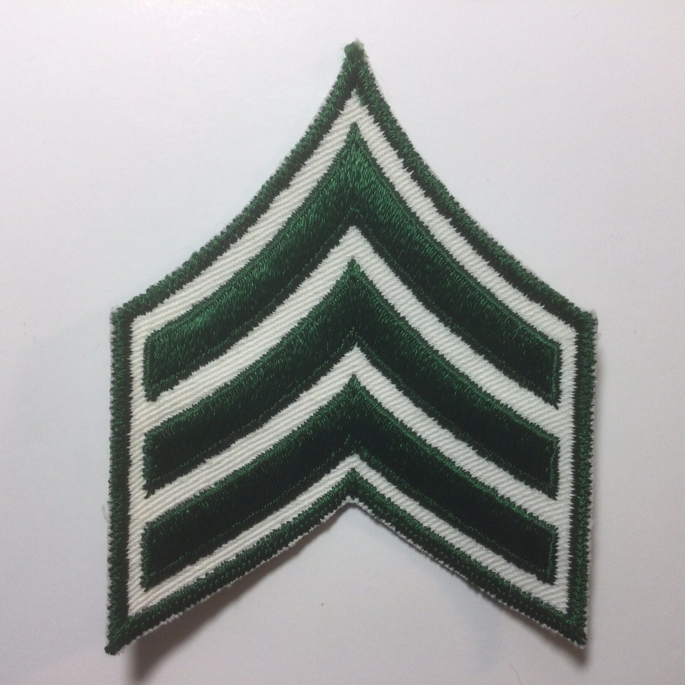 (2) Sergeant Chevron - 3 FOREST GREEN Stripes on White Twill Patch -Green Border