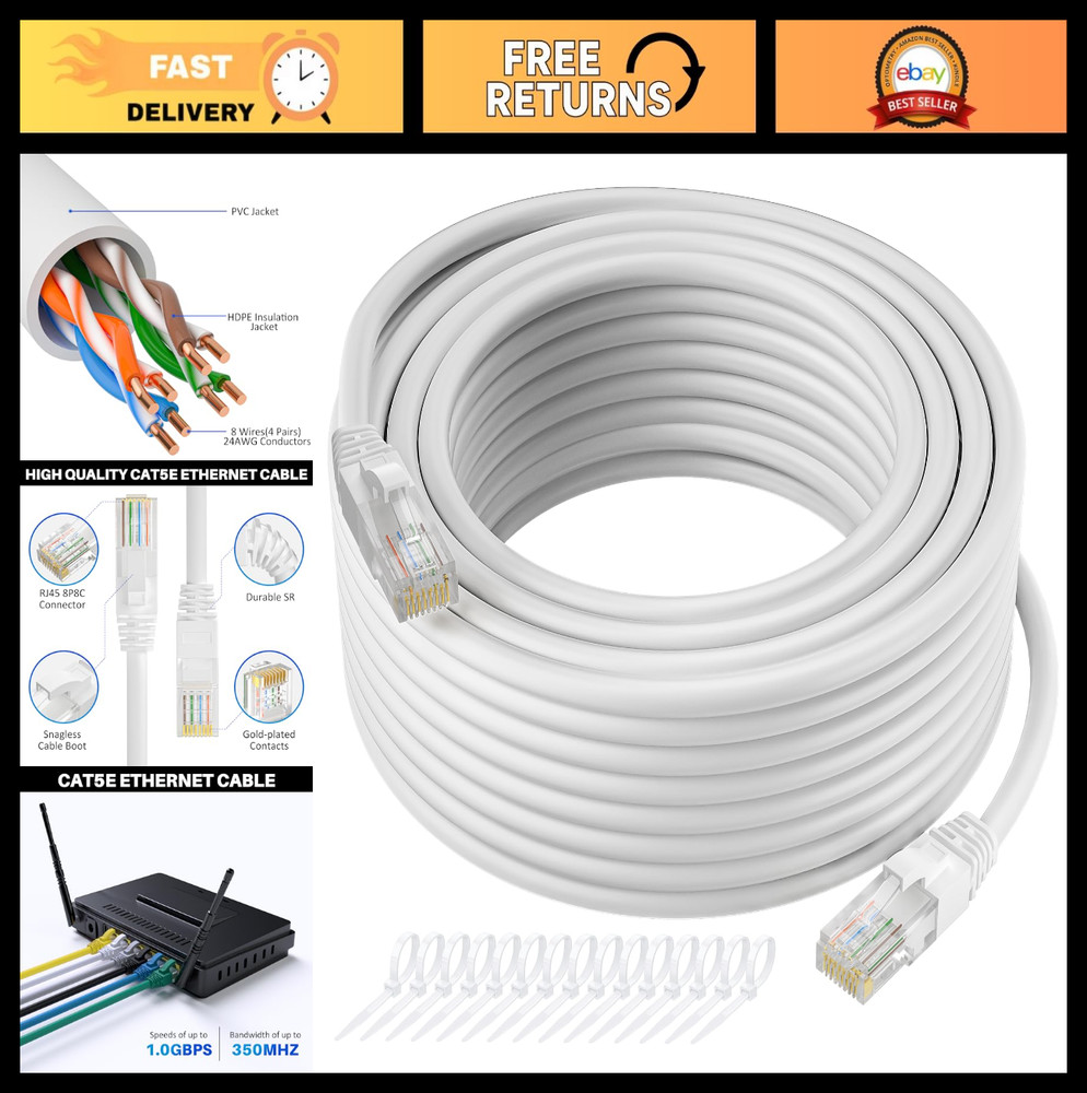 250 FT Cat5e Ethernet Cable, Snagless Patch Cord, Flexible LAN Network Cable, RJ