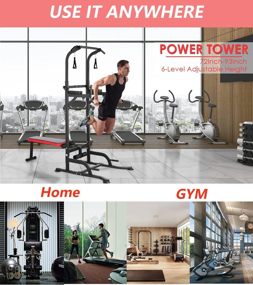 Power Tower with Bench Pull Up Bar Dip Station Gym Strength Training Adjustable