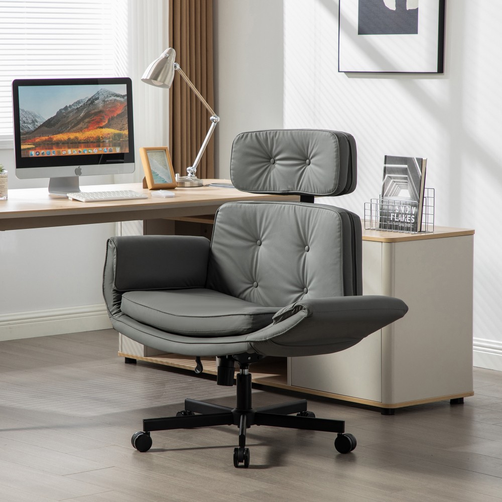 PU Cross-Legged Office Chair - Adjustable Headrest/Armrests - Makeup/Gaming