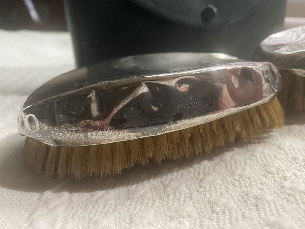 Pair Sterling Silver Brush Set - Marked Sterling Old Monogram In Case