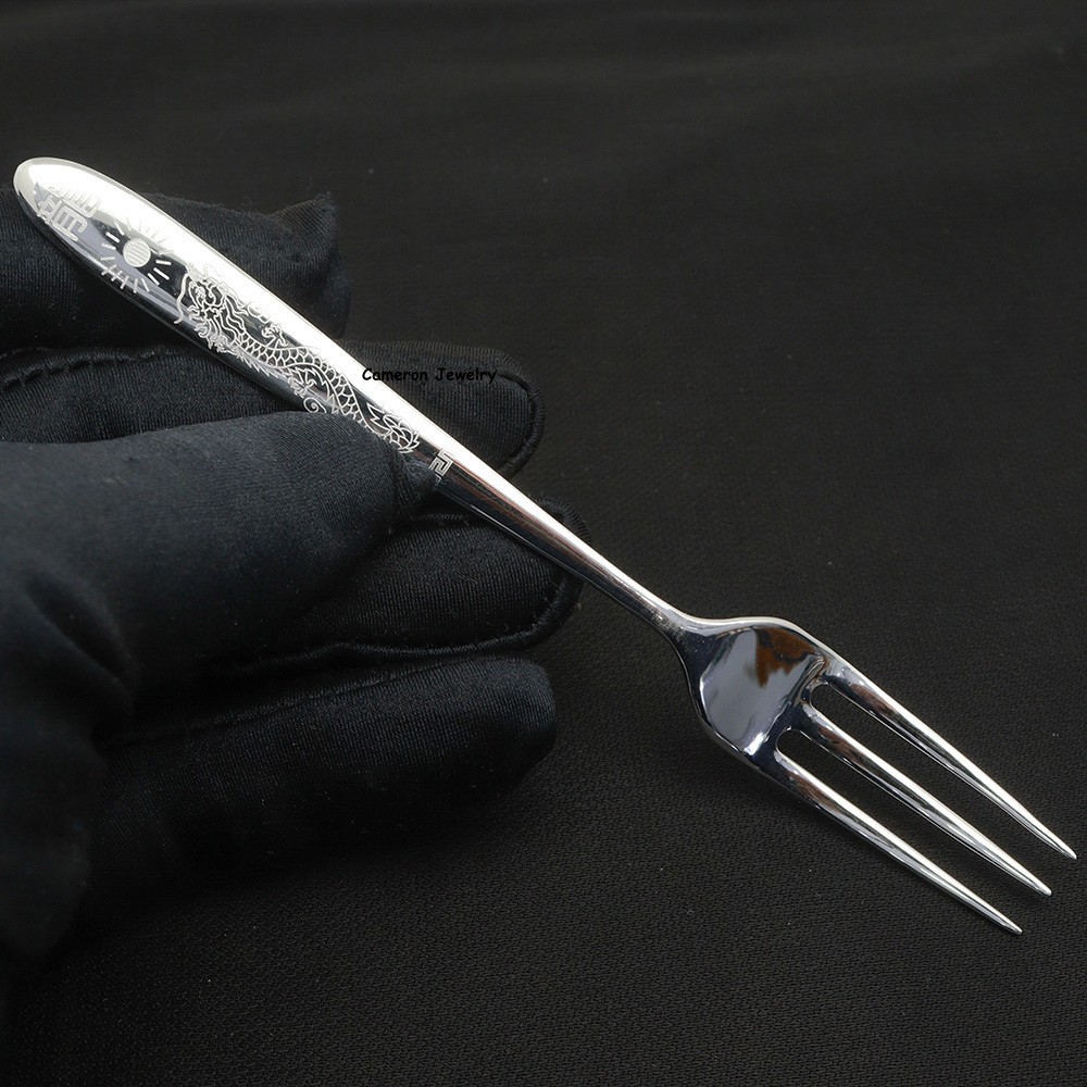 Solid S999 Fine Silver Table Fork Dragon Healthy Dessert Fork 25-26g 5.5inch