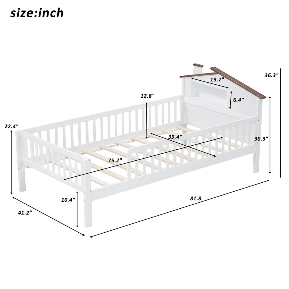 Twin/Full Size Bed Frame Wood Platform Bed with Storage Headboard White/Natural