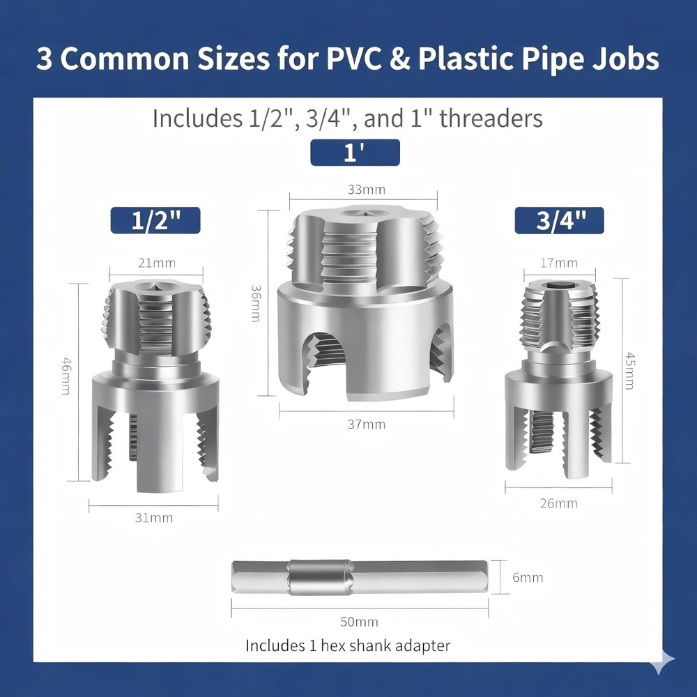 PVC Pipe Threader Set (1/2", 3/4", 1"), Pipe Threading Tool Attachment for Drill