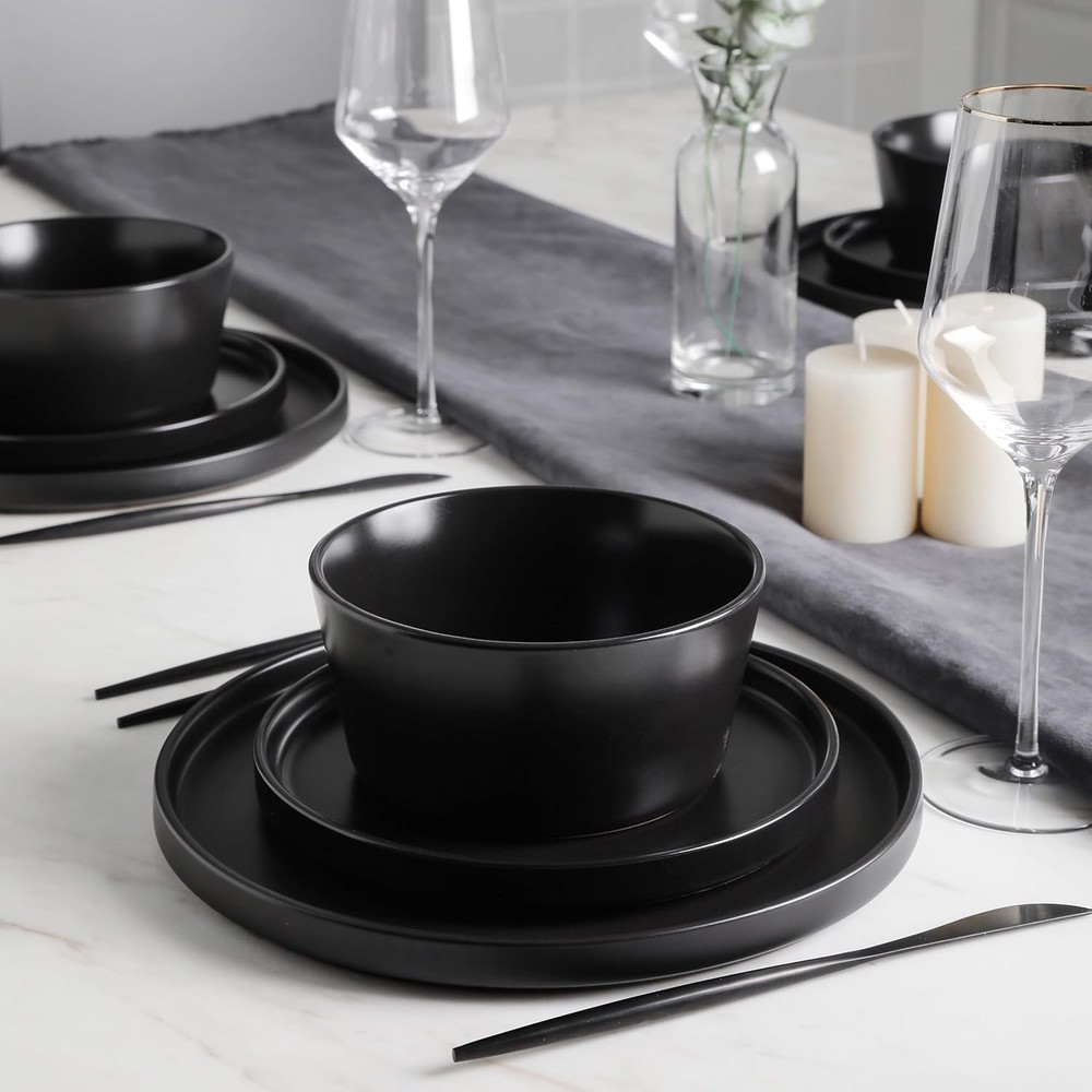Stoneware Dinnerware Set 16 Pieces Black Matte Service for 4 Dishwasher Safe