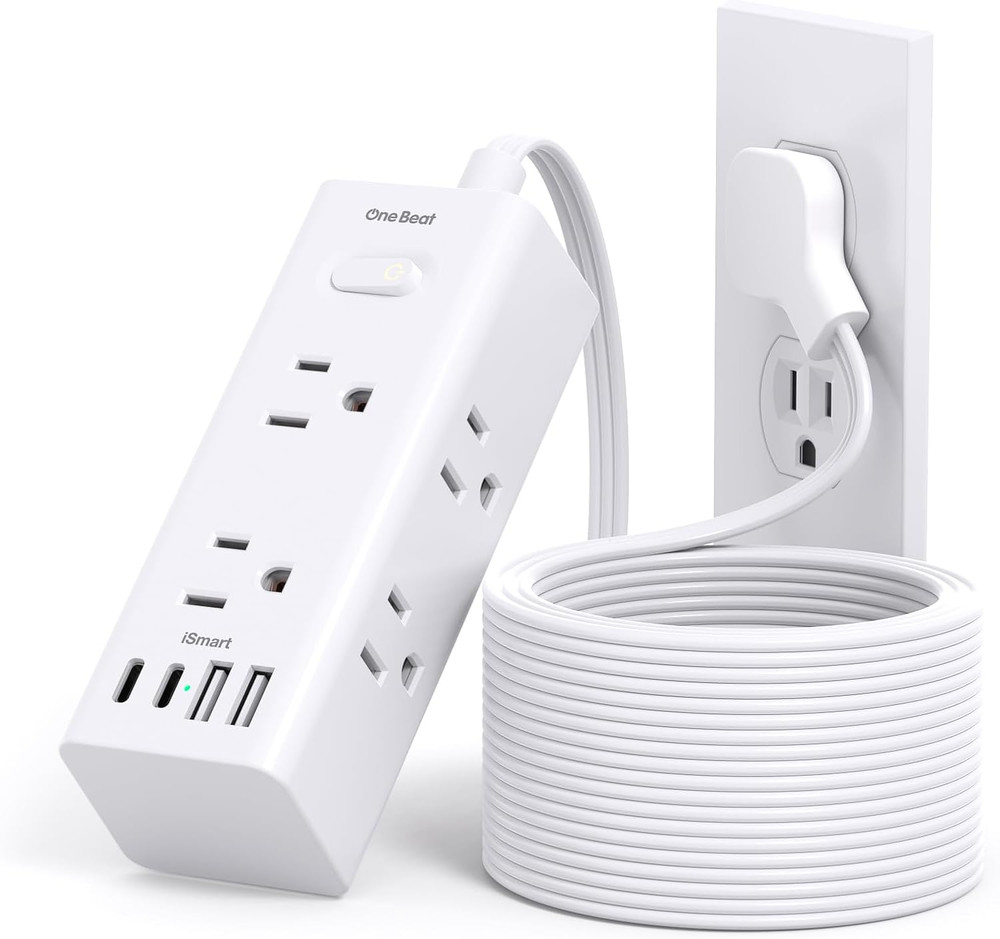 15Ft Extension Cord with Multiple Outlets, Flat Plug Power Strip Surge Protector