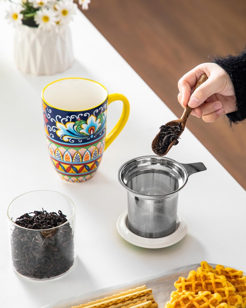 Ceramic Tea Mug with Infuser and Lid, 18 Ounce Bohemian Loose Leaf Cup, Micro...