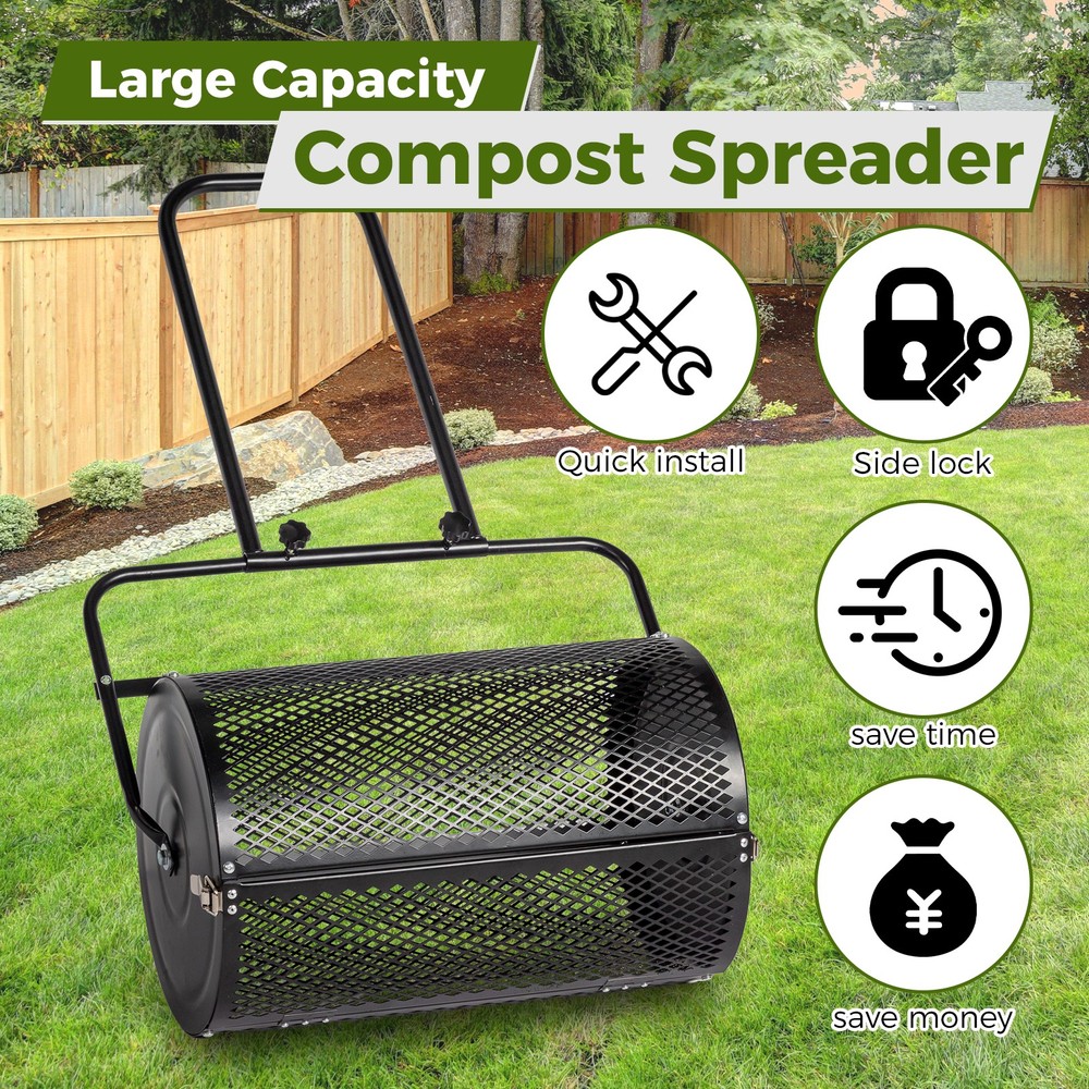 24" Compost Spreader Peat Moss Spreader Roller Lawn Spreader Black