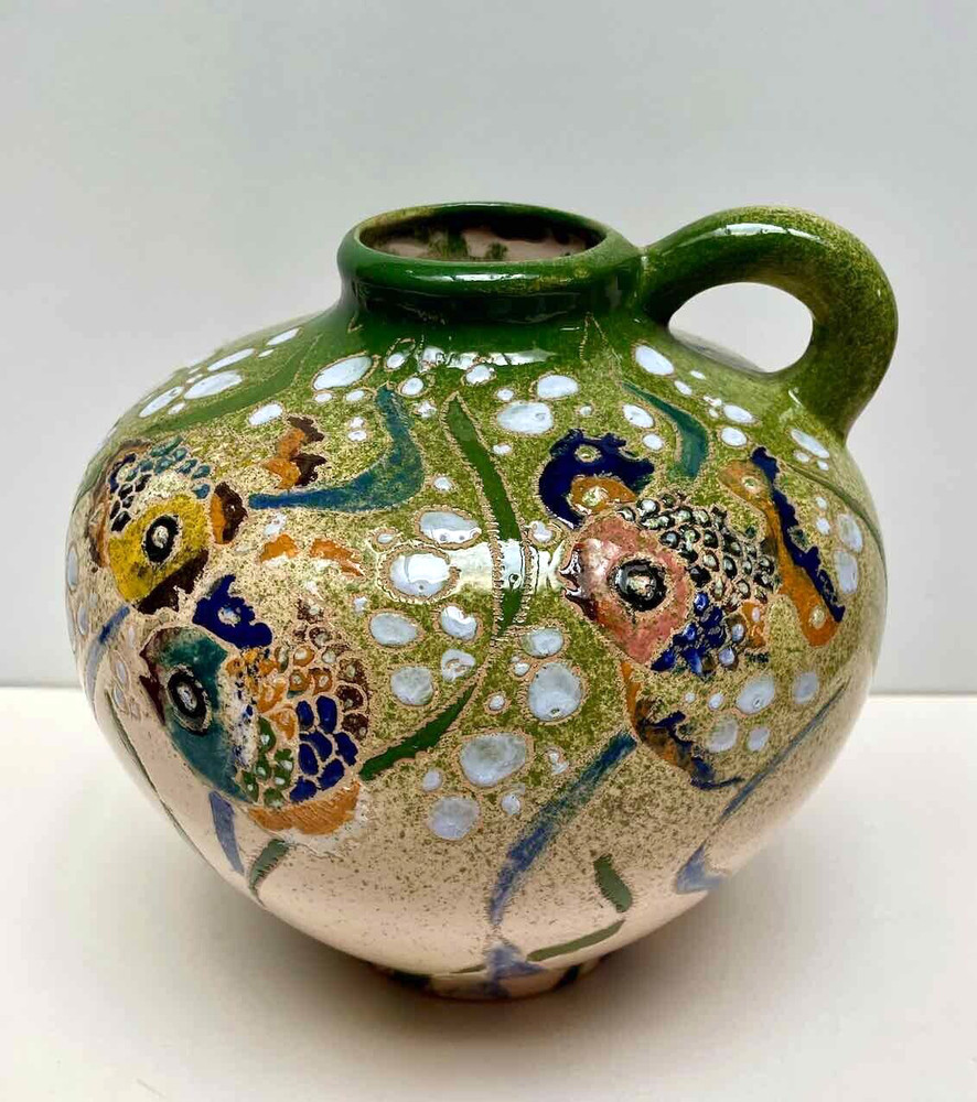 Handmade Pottery Jug Ewer w Handle Applied Multicolor Fish Bubbles Green Signed