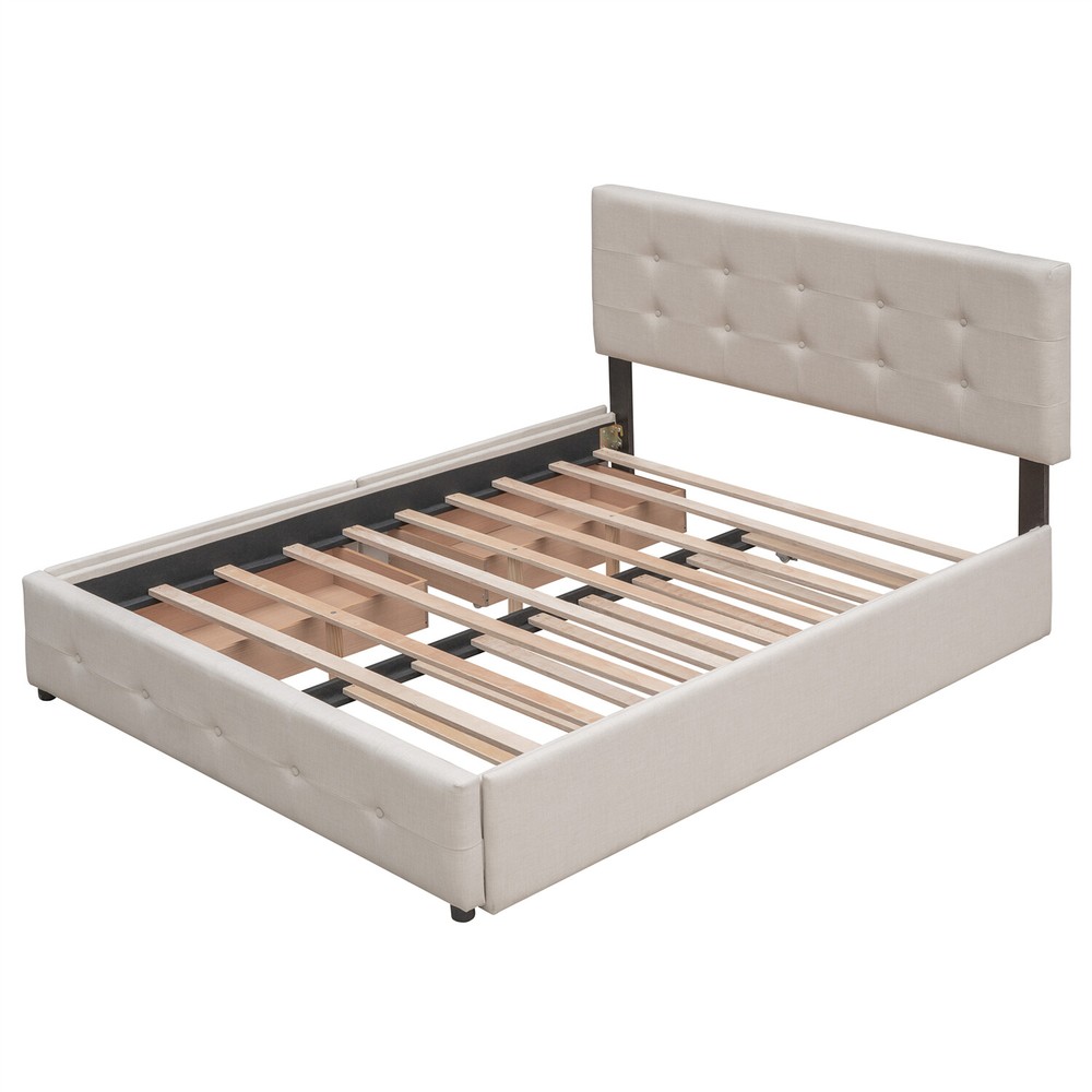 Queen Size Bed Frame Upholstered Platform Bed with Pull-Out Trundle & 2 Drawer