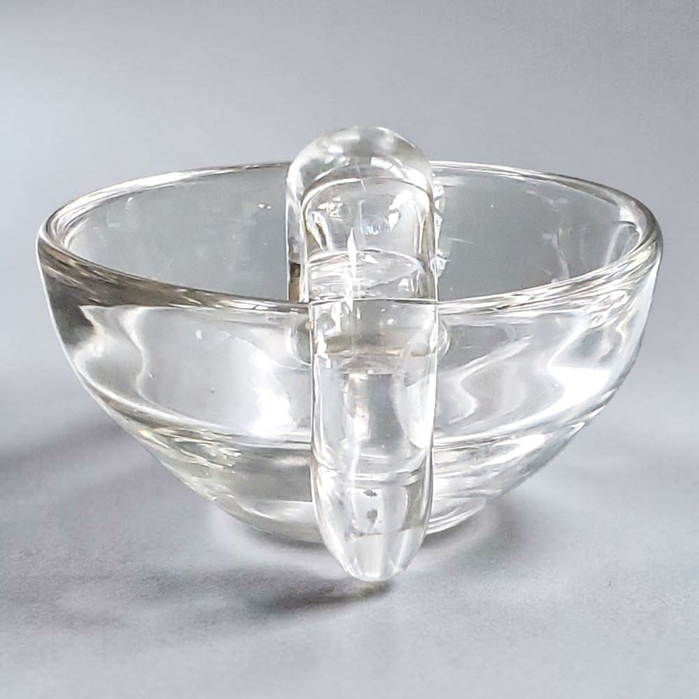 Vintage Steuben Style Crystal Olive Bowl Scroll Handle Hand Blown
