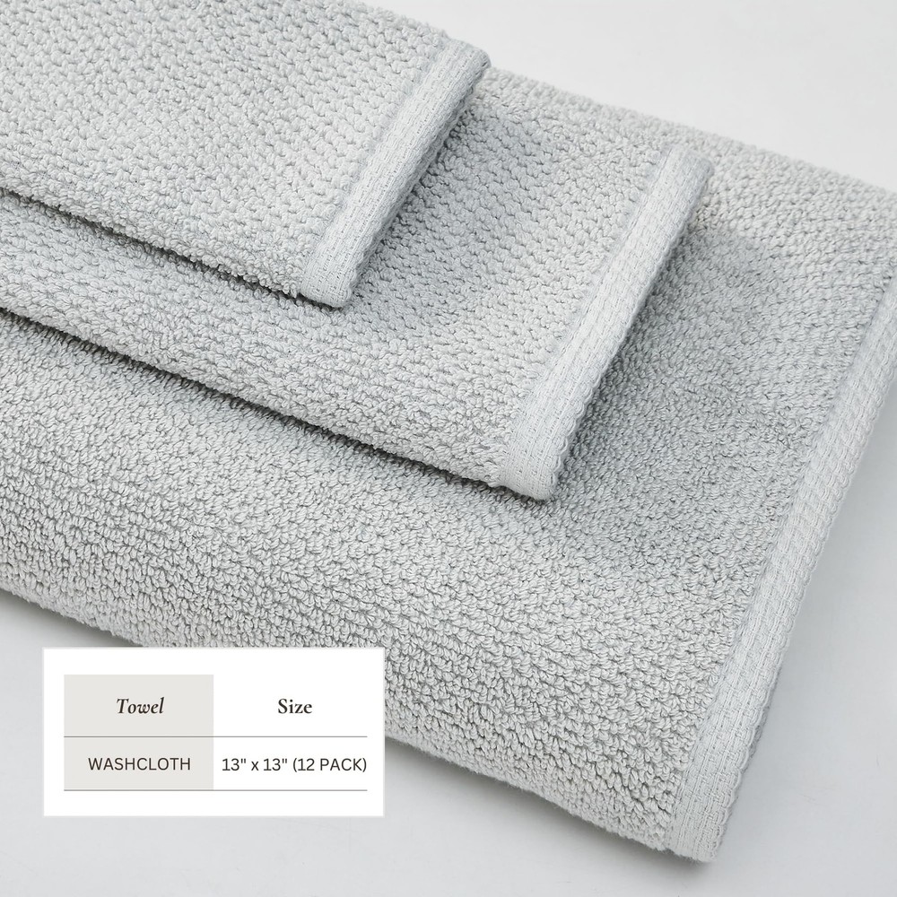 Bath Towels 12 Pack, Absorbent Cotton Washcloth, Soft, Light Grey