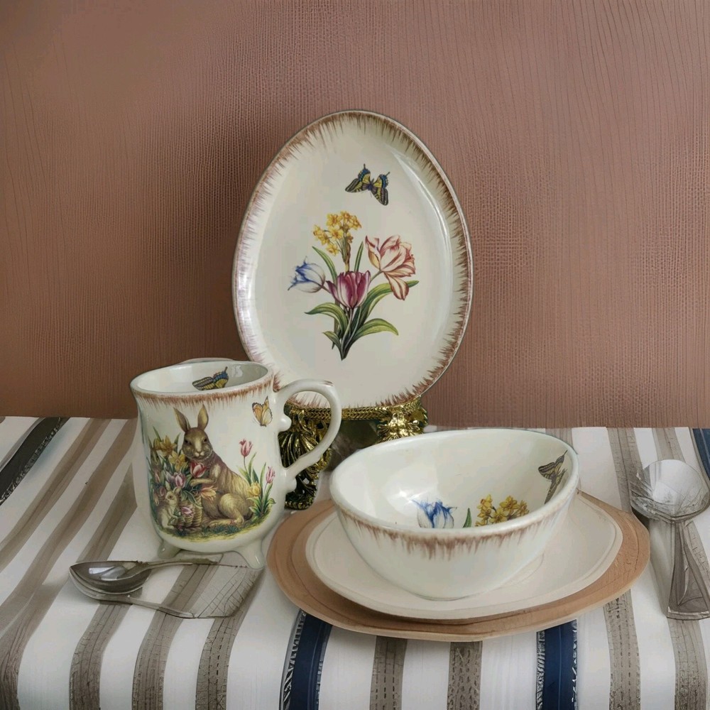 Easter Dinnerware Lot - Egg Shaped, Tulips, Bunny