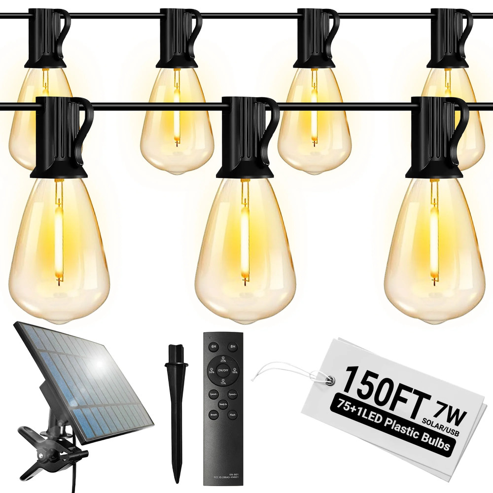 150FT Solar Outdoor String Lights, with 75 ST38 Shatterproof Bulbs,Solar Powered