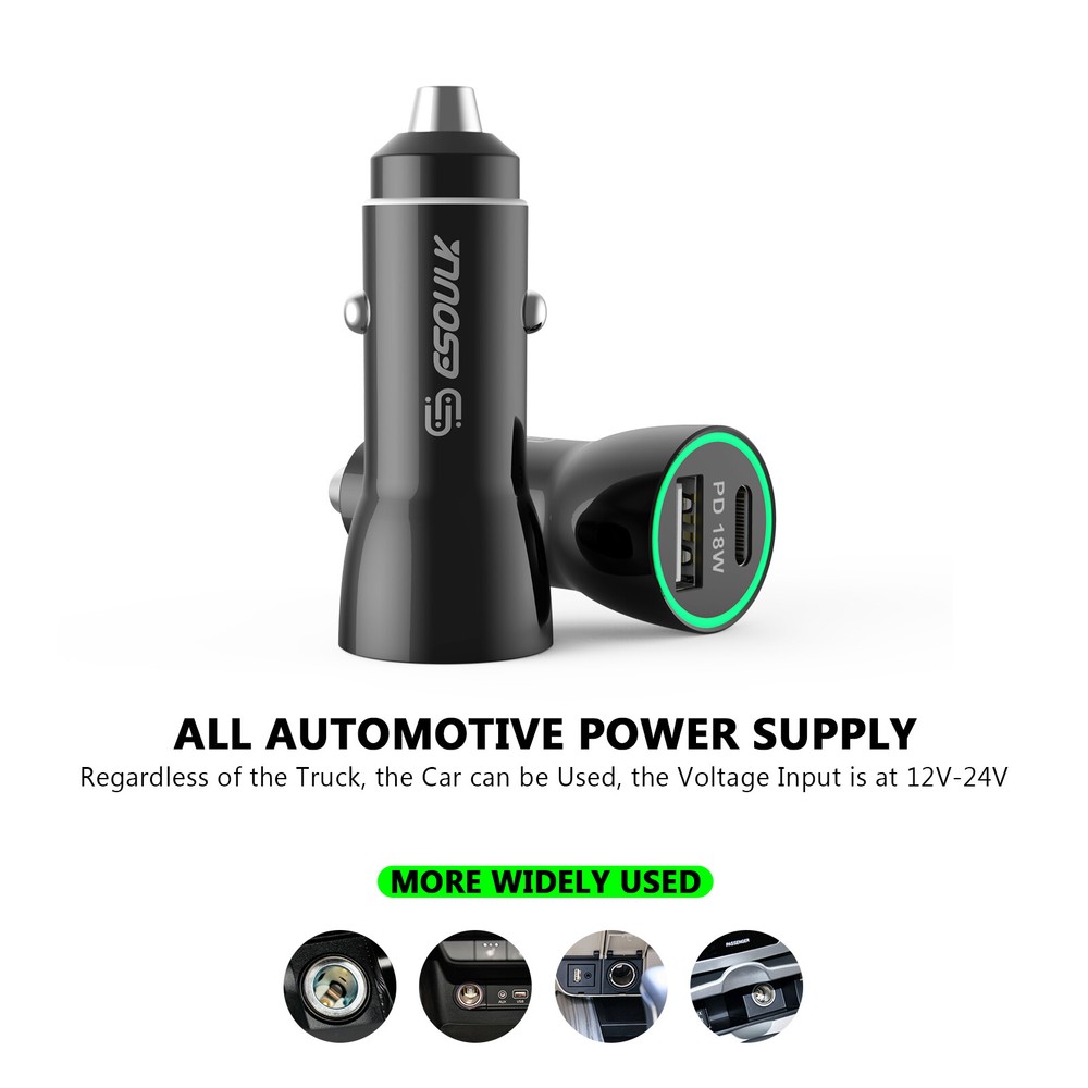 18W PD & USB-A Car Adapater In Black
