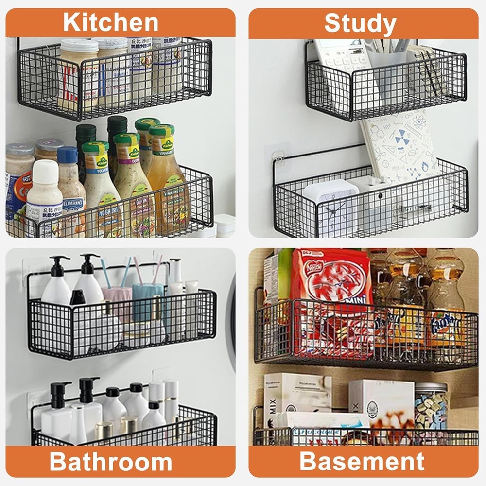 Metal Hanging Baskets 2-Pack Wire Wall Storage Organizer W/ Hooks Adhesive