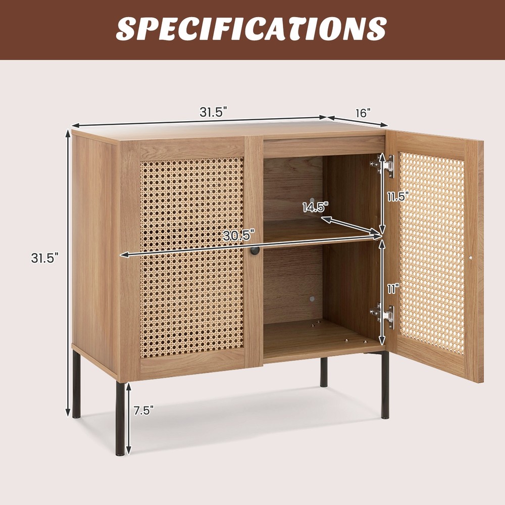 Rattan Buffet Sideboard Wine Cabinet Cupboard w/ Adjustable Shelf Oak