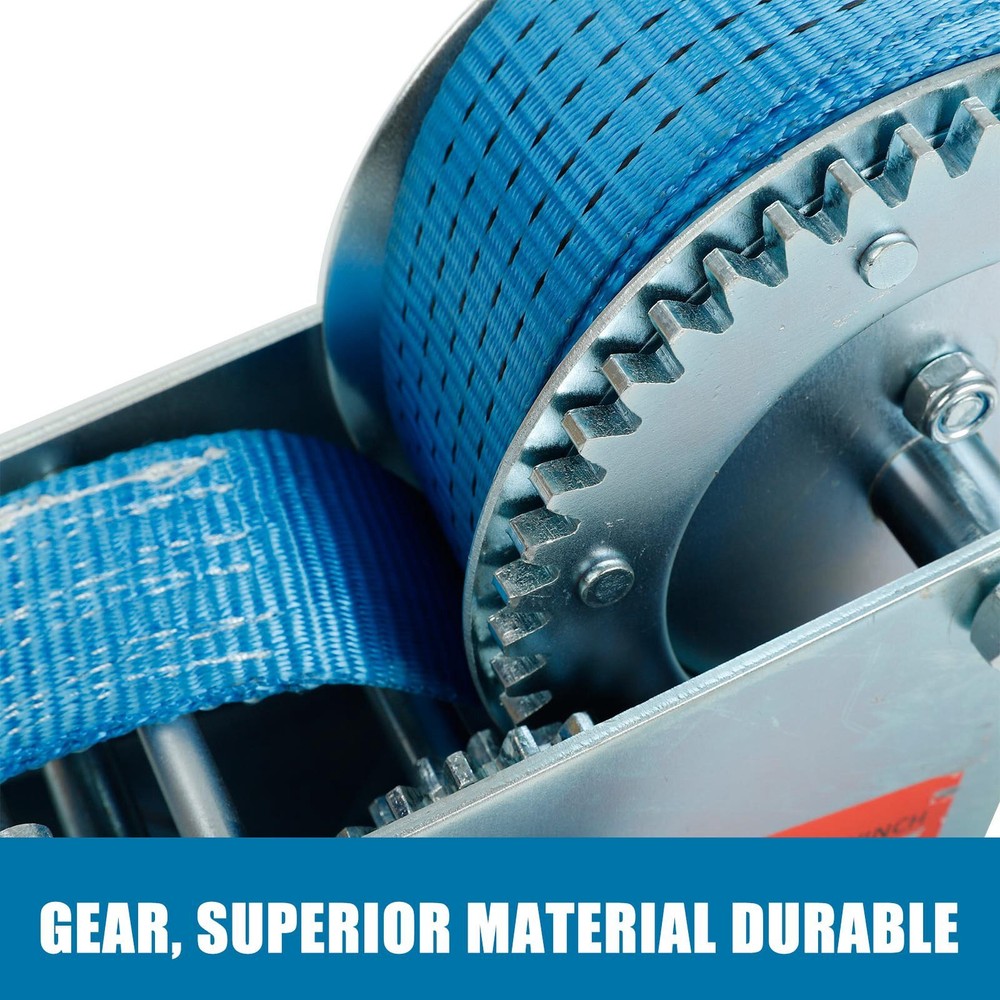 3200lbs Hand Winch Polyester Strap 2 Gear Crank Boat ATV Trailer RV Blue