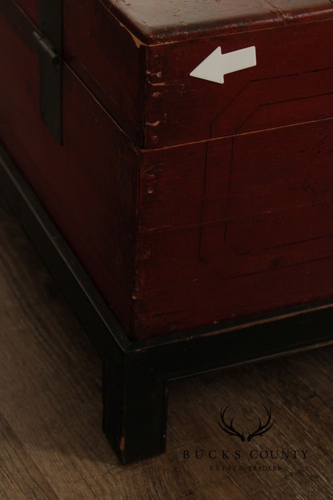 Red Lacquered Trunk With Brass Hardware On Custom Black Stand, Coffee Table