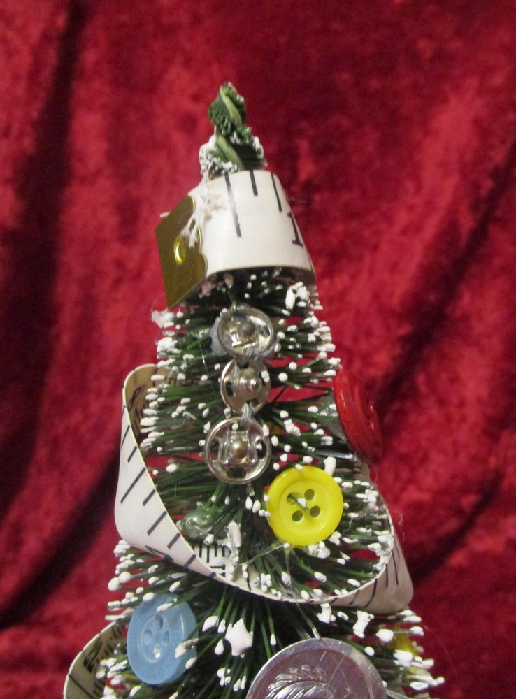 Sewing Themed Christmas Trees 8" decorated bottlebrush, buttons, thread, more