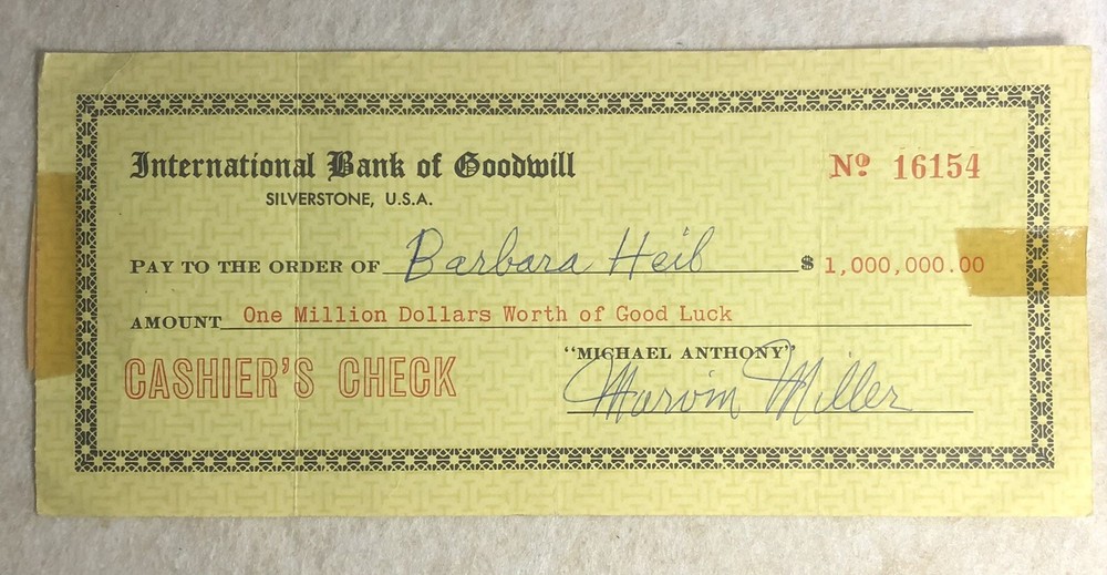 Vintage Marvin Miller "Michael Anthony" Signed Autographed Good Luck Check