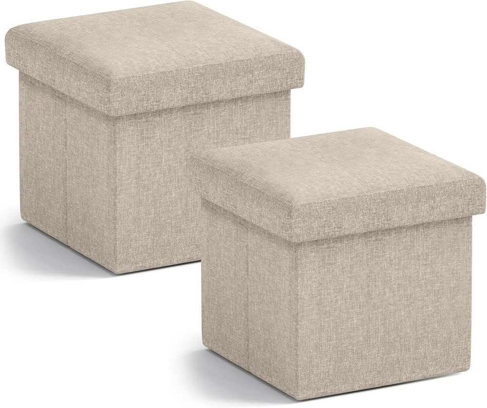 Small Storage Ottoman Set of 2 Foldable Cube Linen Footrest Stool Beige