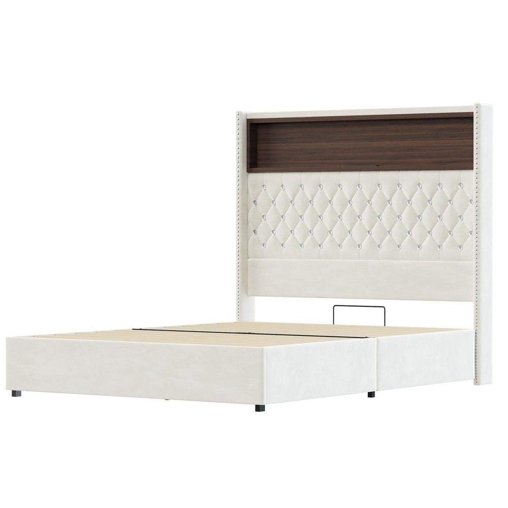 Full Size Velvet Bed Frame w/ Tufted Storage Headboard & Night Light & USB Port