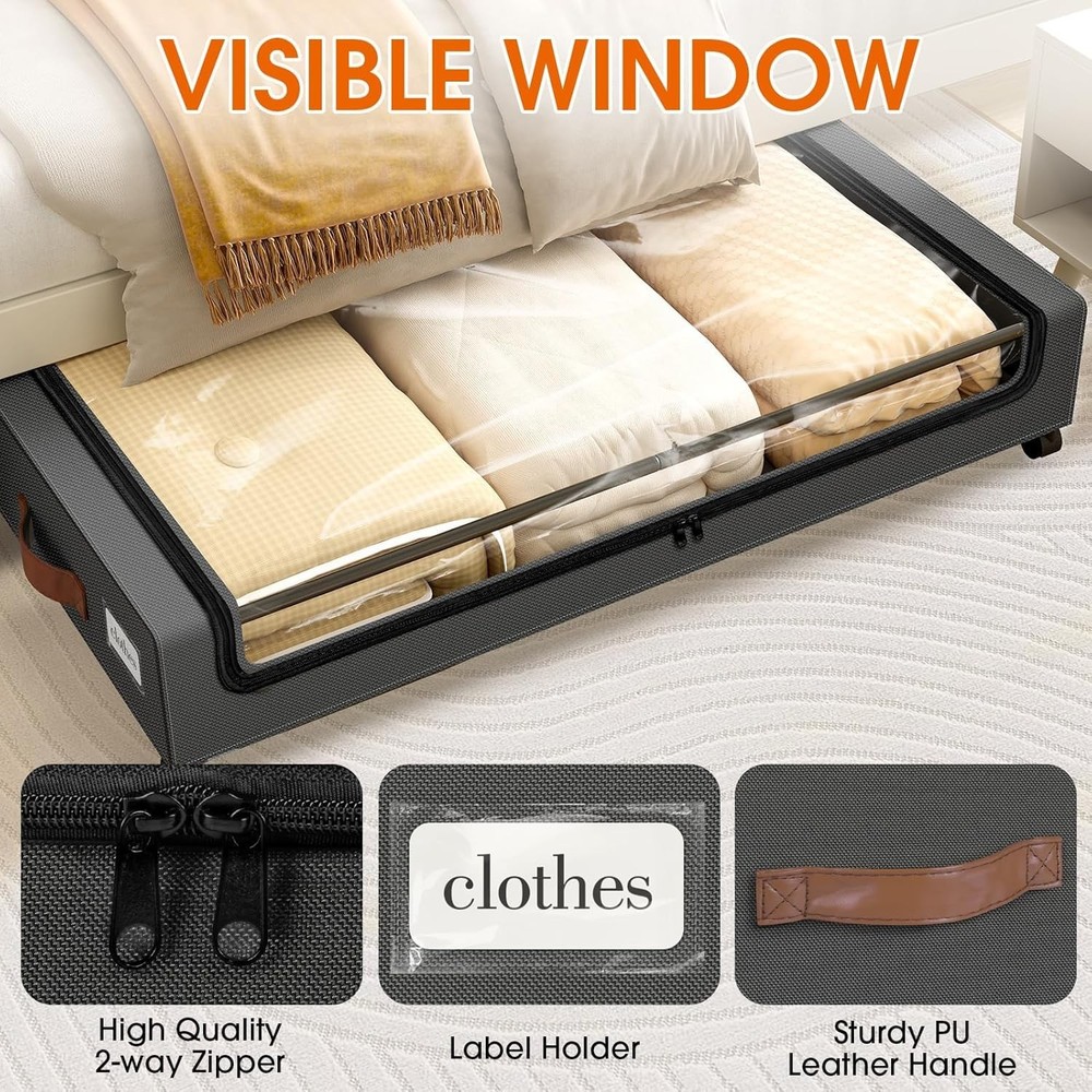 Under Bed Storage W/ Wheels 2Pack Storage Containers W/ Clear Window&Label Under