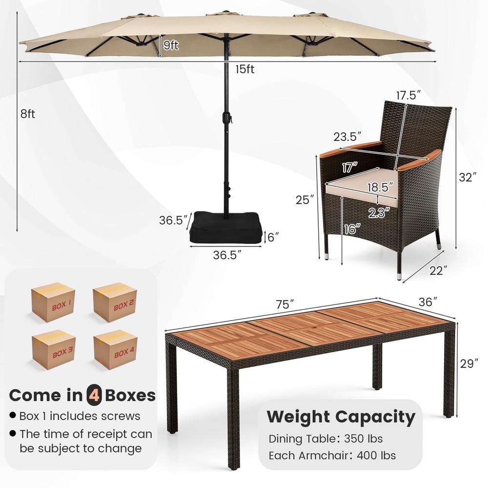 9 Piece Patio Wicker Dining Set w/ Double-Sided Patio Umbrella, Stackable Chairs